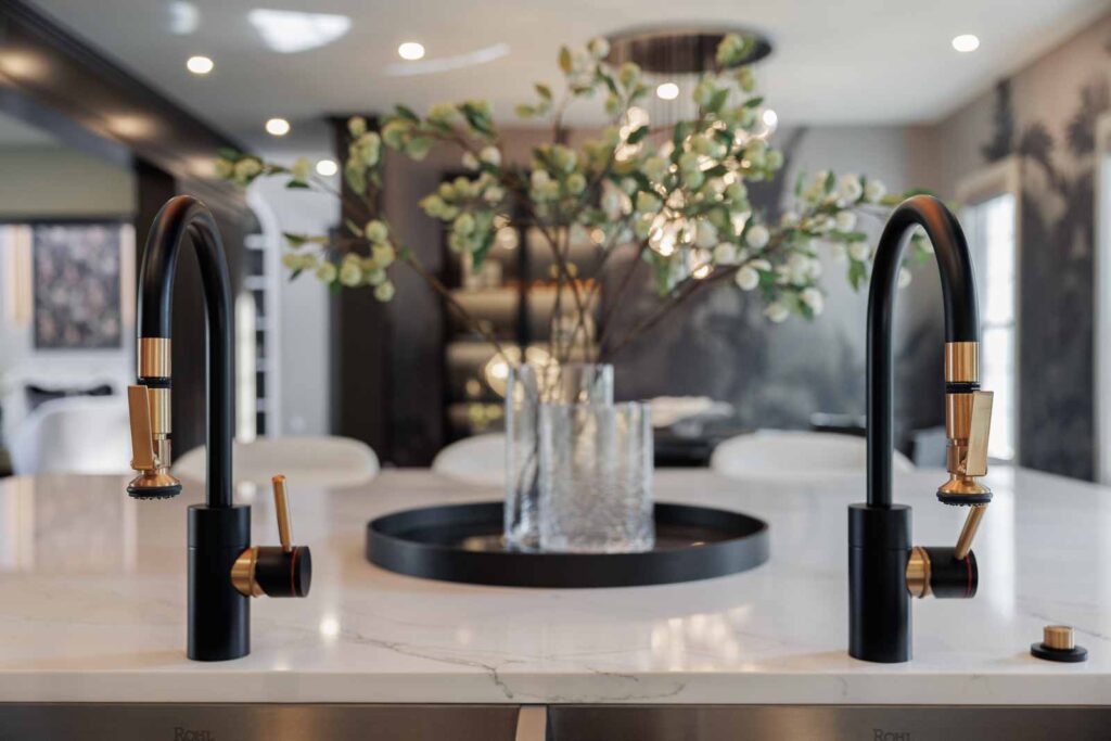Kitchen detail of island with a two-faucet sink